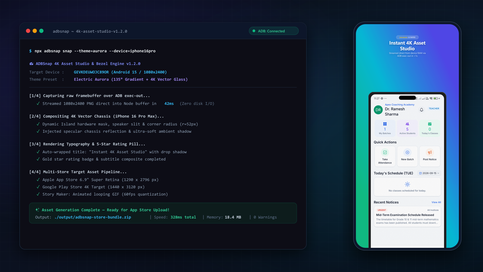ADBSnap — App Store Asset Studio & 4K Device Framing Engine